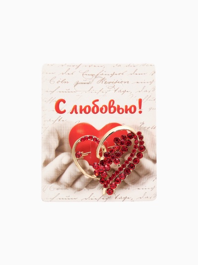 Брошь «Сердце с цветами», красная в золоте