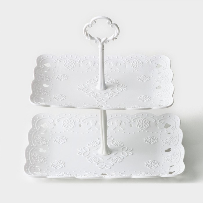 Этажерка для фруктов и десертов Доляна «Вивьен», 2 ярусная, пластик, прямоугольная, 22.5×16 см, 26.5×19 см, белая - Фото 1