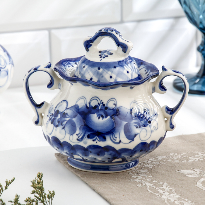 Сахарница "Утро", гжель, фарфор, 13х15 см - Фото 1