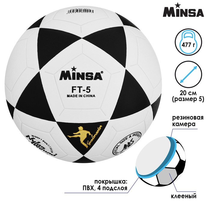 Мяч футбольный MINSA, ПВХ, клееный, 32 панели, размер 5, 477 г - Фото 1