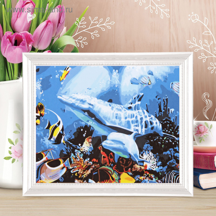 Роспись по холсту "Дельфины" по номерам с красками по 3 мл + кисти + инструкция + крепеж - Фото 1