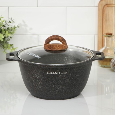 Кастрюля KUKMARA Granit ultra, 3 л, d=22 см, h=12.5 см, стеклянная крышка, антипригарное покрытие, литой алюминий, тёмно-серая