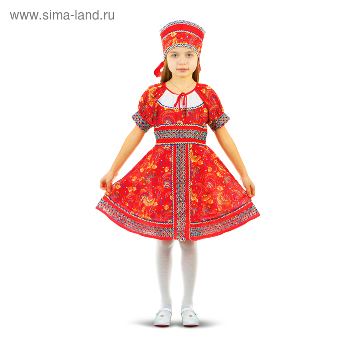 Русский народный костюм "Сказочные цветы", платье, головной убор, р-р 36, рост 134-140 см, цвет красный - Фото 1