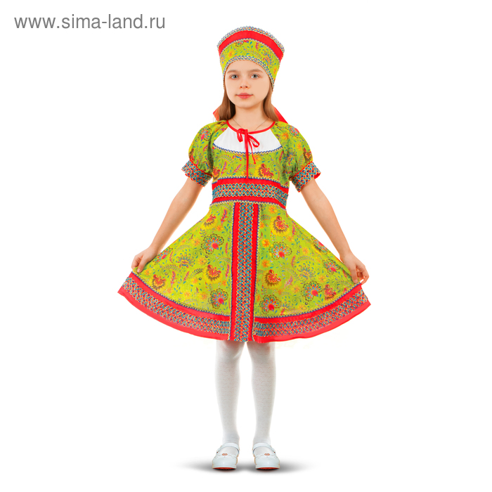 Русский народный костюм "Сказочные цветы", платье, головной убор, р-р 34, рост 122-128 см, цвет зелёный - Фото 1