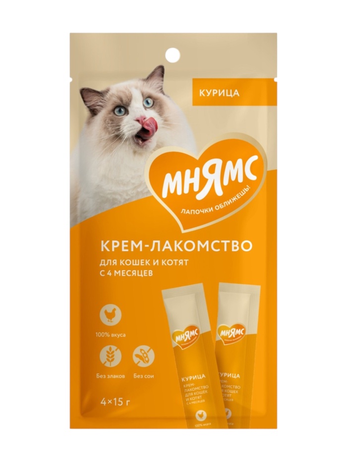 Крем-лакомство Мнямс для кошек, с курицей, 15 г × 4 шт. - Фото 1