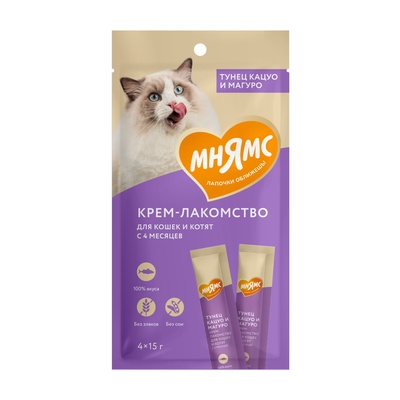 Крем-лакомство Мнямс для кошек, с тунцом Кацуо и Магуро, 15 г × 4 шт.