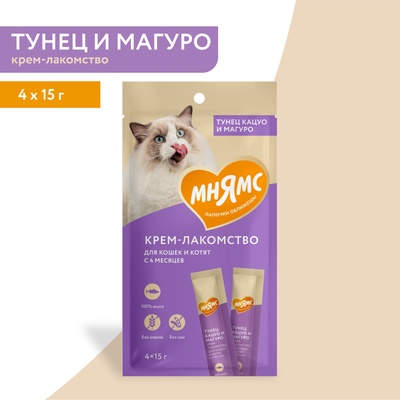 Крем-лакомство Мнямс для кошек, с тунцом Кацуо и Магуро, 15 г × 4 шт.