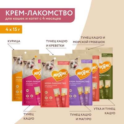 Крем-лакомство Мнямс для кошек, с тунцом Кацуо и Магуро, 15 г × 4 шт.