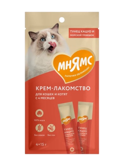 Крем-лакомство для кошек Мнямс, с тунцом Кацуо и морским гребешком, 15 г × 4 шт.