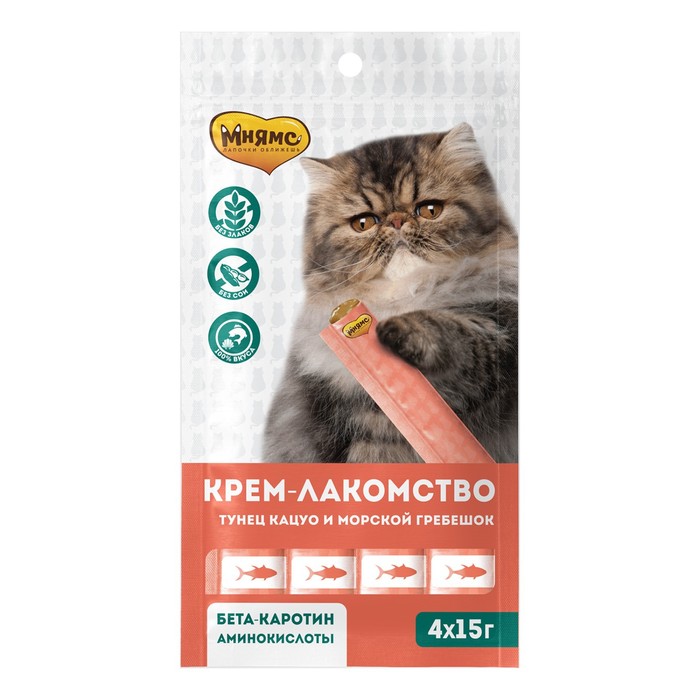 Крем-лакомство для кошек Мнямс, с тунцом Кацуо и морским гребешком, 15 г × 4 шт. - Фото 1