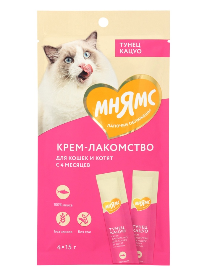 Крем-лакомство Мнямс для кошек, с тунцом Кацуо, 15 г х 4 шт - Фото 1