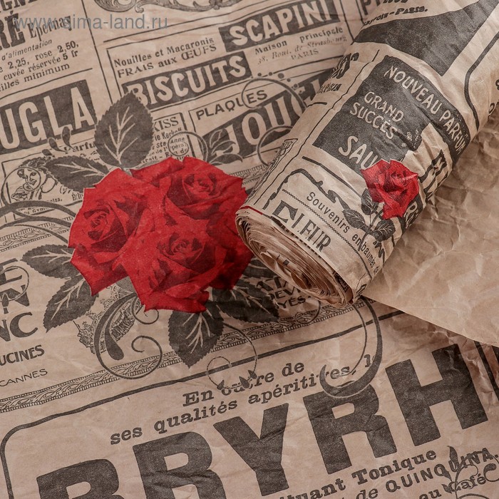 Бумага для декорирования. "Газета" чёрная с красными розами 0,7 х 5 м - Фото 1