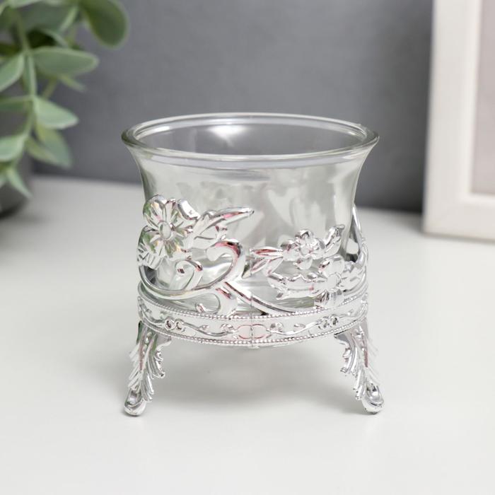 Подсвечник стекло, пластик на 1 свечу "Цветочек" серебро 6,5х6х6 см - Фото 1