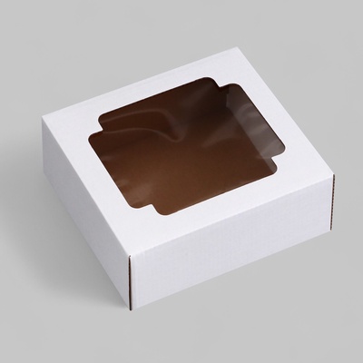 Коробка сборная без печати крышка-дно белая с окном 14.5×14.5×6 см