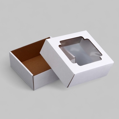 Коробка сборная без печати крышка-дно белая с окном 14.5×14.5×6 см