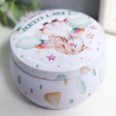 Шкатулка для хранения мелочей, украшений «Круг. Единорог и радуга», металл, 5×7.5×7.5 см