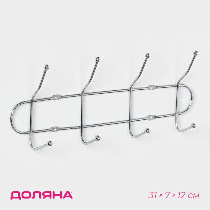 Вешалка настенная Доляна «Блеск», 4 двойных крючка, 32.5×5.5×13 см, хромированная - Фото 1