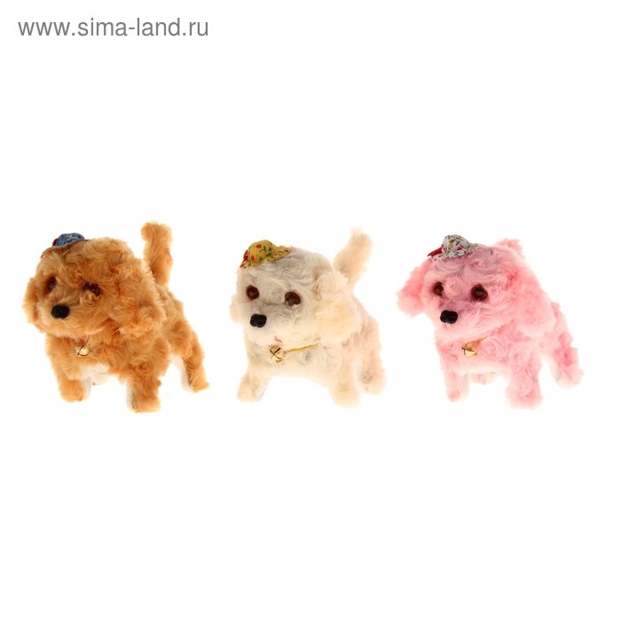 Мягкая игрушка механическая "Собачка" в шляпке, с бантиком, горят глаза, ходит, пикает, цвета МИКС