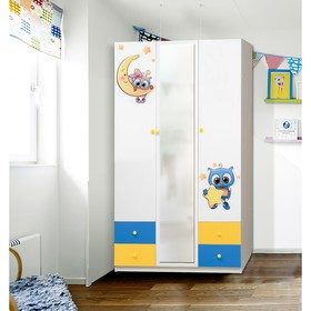 Шкаф с зеркалом и фотопечатью «Совята 3.2», 1200 × 490 × 2100 мм, цвет белый/синий/жёлтый