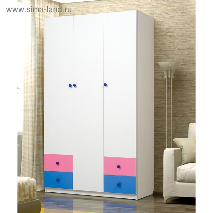 Шкаф 3-х дверный «Радуга», 1200×490×2100 мм, цвет белый / розовый / синий - Фото 1