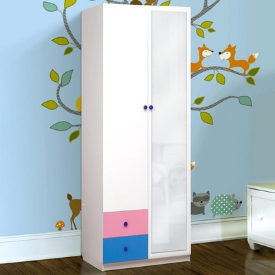 Шкаф 2-х дверный с зеркалом «Радуга», 800×490×2100 мм, цвет белый / розовый / синий