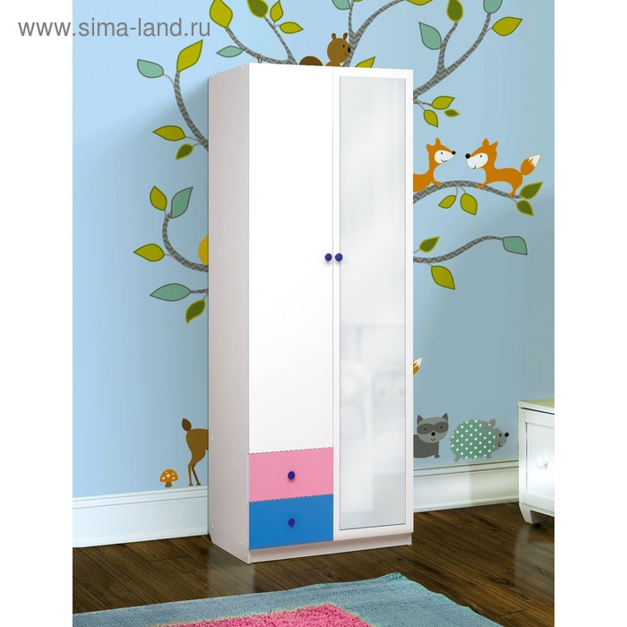Шкаф 2-х дверный с зеркалом «Радуга», 800×490×2100 мм, цвет белый / розовый / синий - Фото 1