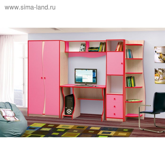 Набор детской мебели «Юниор 11.3», шкаф, стол, пенал, стеллаж, полка, дуб молочный / розовый - Фото 1