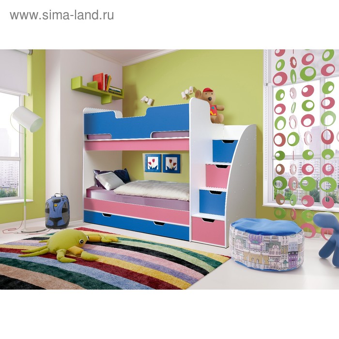 Кровать детская двухъярусная «Юниор-9», 2430×850×1750 мм, белый / синий / розовый - Фото 1
