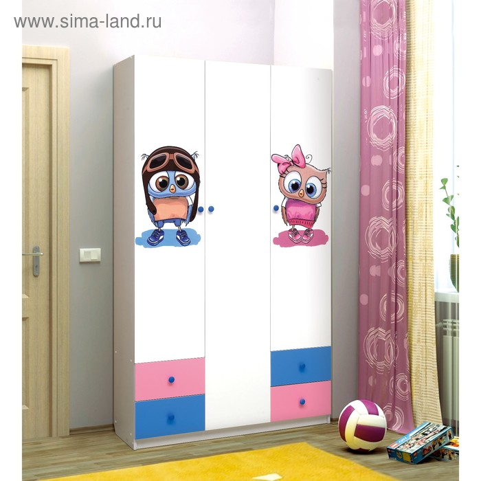 Шкаф с фотопечатью «Совята 3.1», 1200×490×2100 мм, цвет белый / синий / розовый - Фото 1