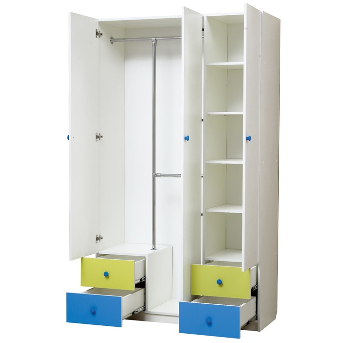 Шкаф 3-х дверный «Радуга», с ящиками и зеркалом, 1200х490х2100 мм, белый/лайм/синий - фото 1906990262