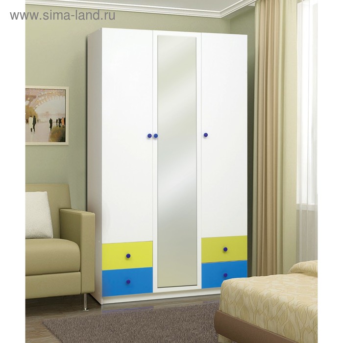 Шкаф 3-х дверный «Радуга», с ящиками и зеркалом, 1200х490х2100 мм, белый/лайм/синий - Фото 1