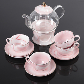Набор керамический чайный «Марбер», 10 предметов: чайник на подставке 650 мл, 4 чашки 120 мл, 4 блюдца 12 см