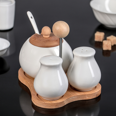 Набор для специй «Эстет», 3 предмета: солонка, перечница, сахарница с ложкой, на деревянной подставке