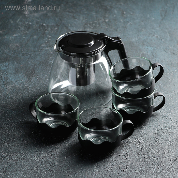 Набор чайный из стекла «Клео», 5 предметов: чайник 900 мл, 4 кружки 150 мл - Фото 1