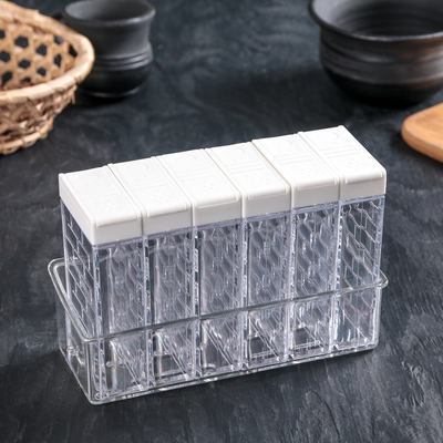 Ёмкости для специй «Компакт», набор 6 шт. на подставке, двусторонний дозатор, 16×11×7 см, прозрачные