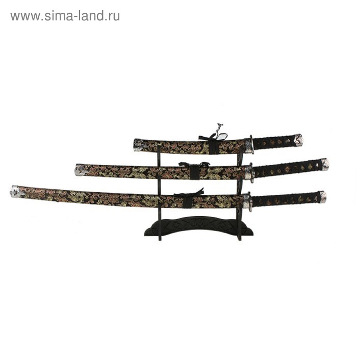 УЦЕНКА Макет оружия «Сувенирные катаны на подставке 3в1. Драконы», ножны ткань, золото на чёрном, 47 см, 70 см, 89 см - Фото 1