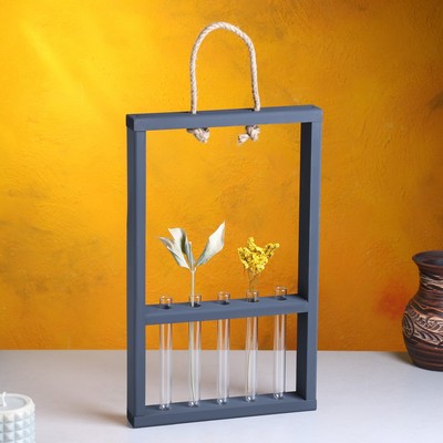 Кашпо для цветов «Рамка экстра слим», 40×5×26 см, деревянное, ручка - верёвка, 5 колб, серое