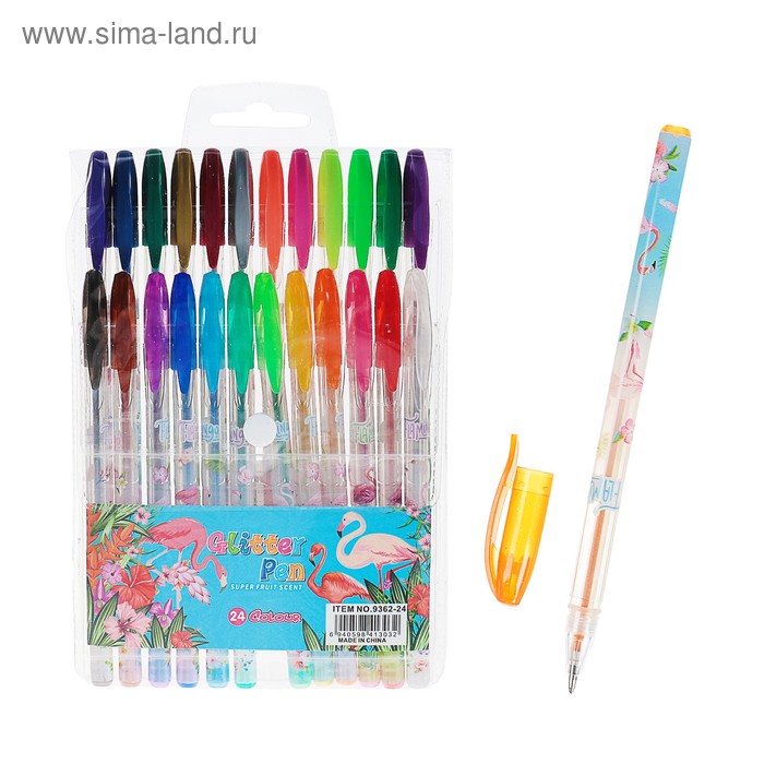 Набор гелевых ручек, 24 цвета, металлик, корпус с рисунком, «Фламинго», в блистере на кнопке - Фото 1
