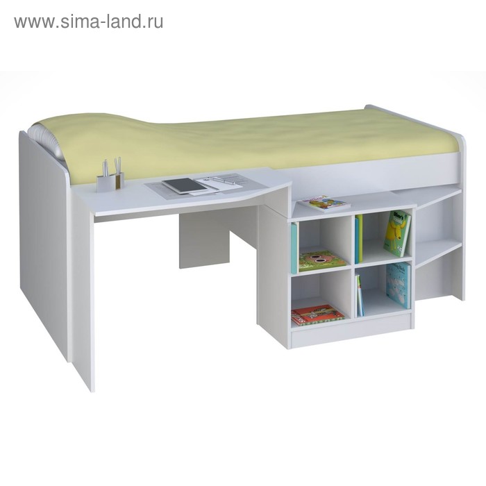 Кроватка-чердак детская Polini kids Simple со столом и полками 4000, цвет белый - Фото 1