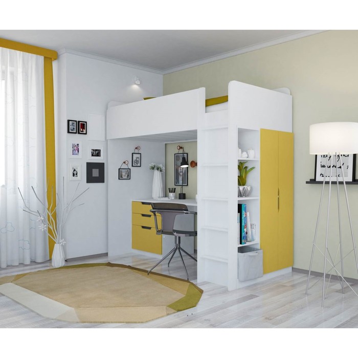 Кровать-чердак Polini kids Simple, с письменным столом и шкафом, цвет белый-солнечный - фото 1905542384