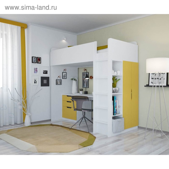 Кровать-чердак Polini kids Simple, с письменным столом и шкафом, цвет белый-солнечный - Фото 1