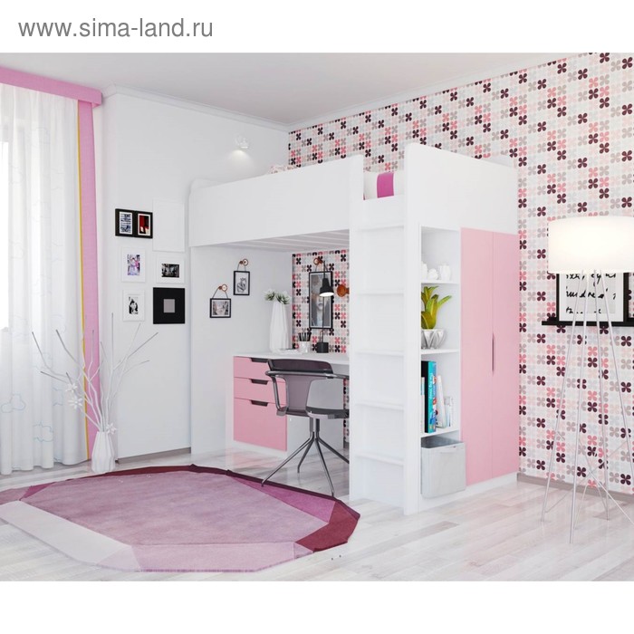 Кровать-чердак Polini kids Simple, с письменным столом и шкафом, цвет белый-роза - Фото 1