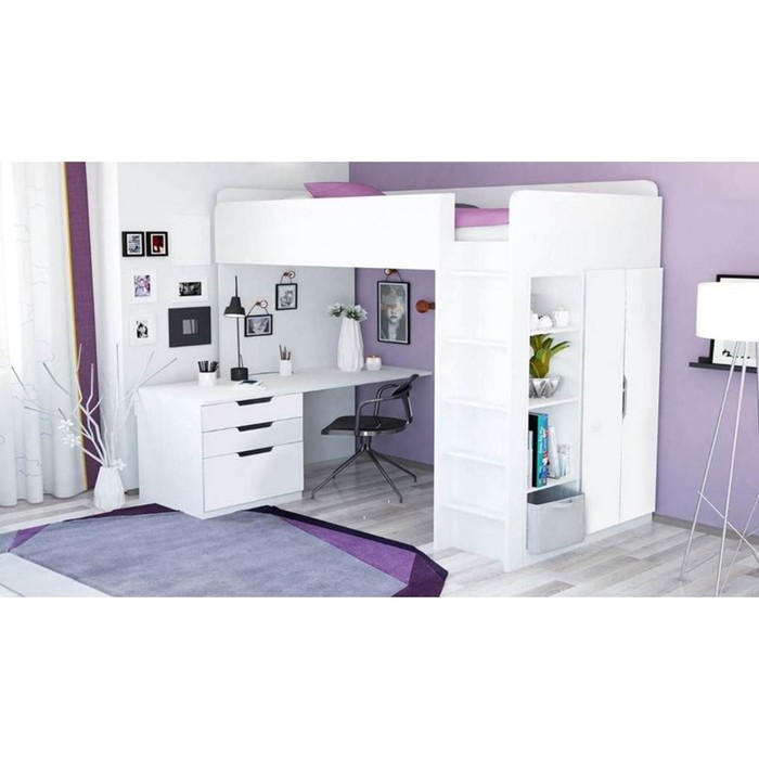 Кровать-чердак Polini kids Simple, с письменным столом и шкафом, цвет белый - фото 1925970839