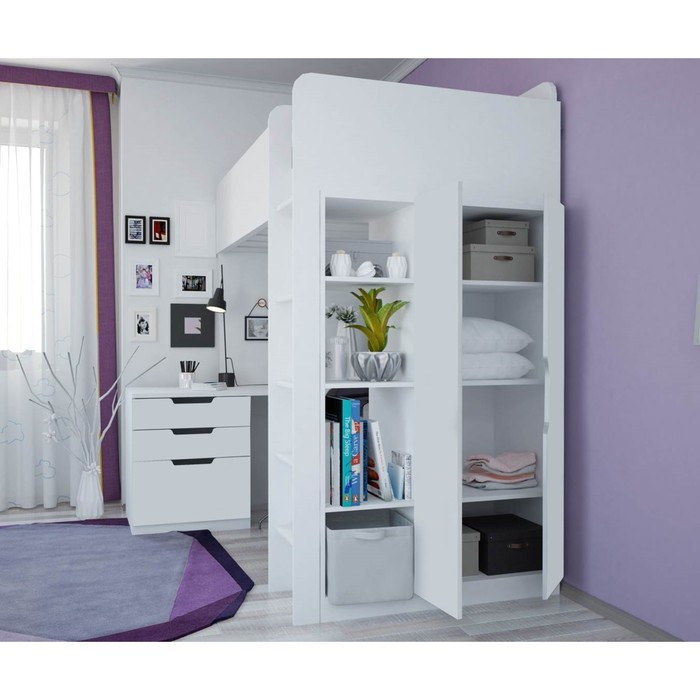 Кровать-чердак Polini kids Simple, с письменным столом и шкафом, цвет белый - фото 1905542440