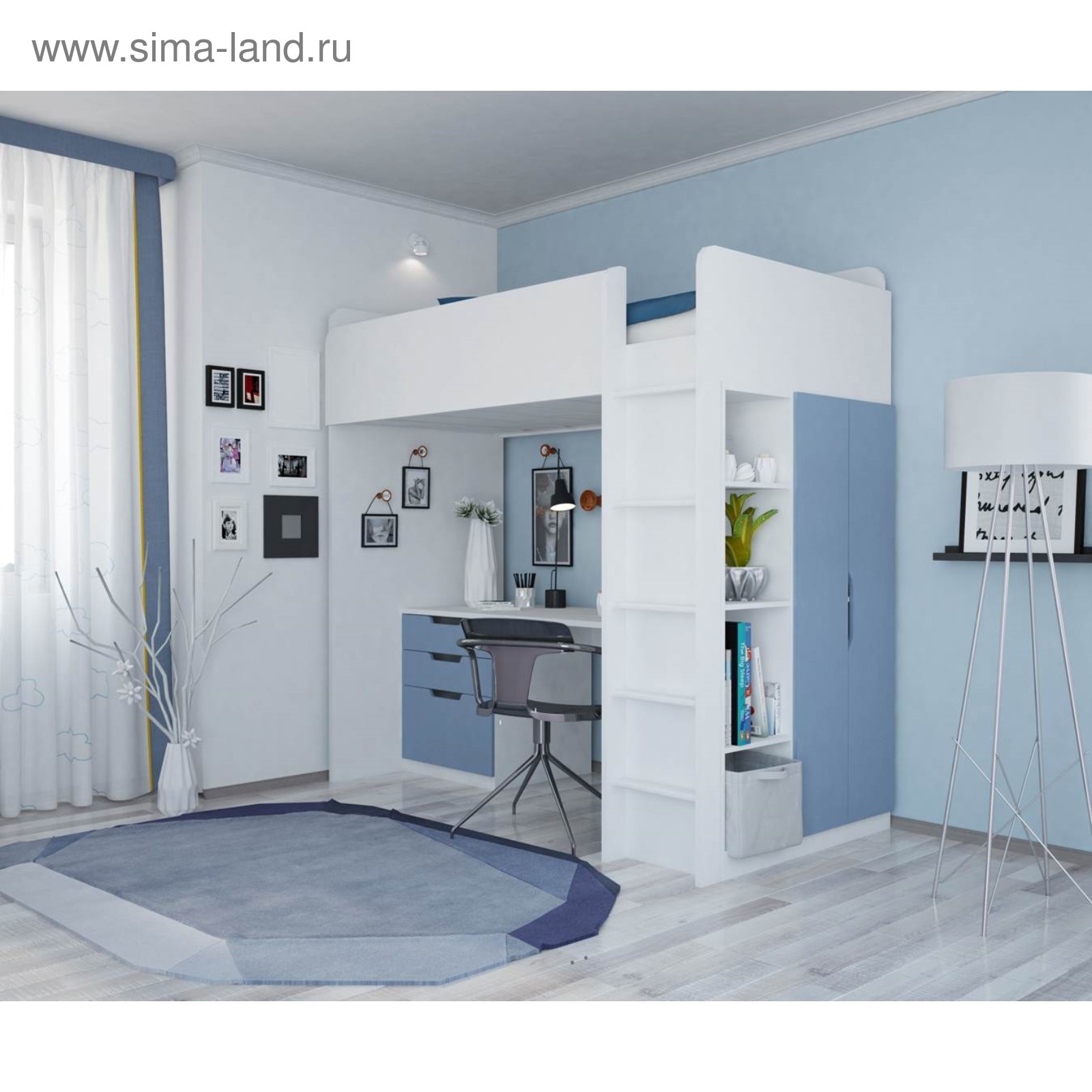 Кровать-чердак Polini kids Simple, с письменным столом и шкафом, цвет ...