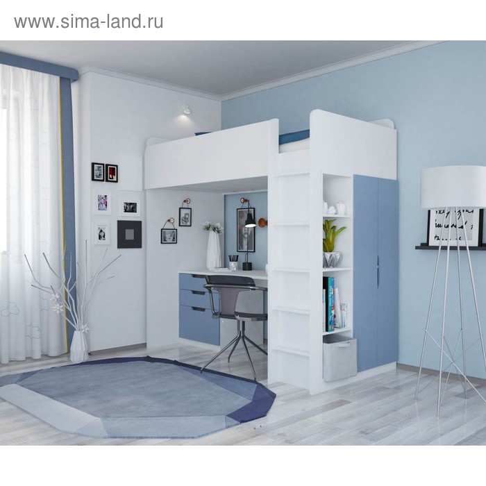 Кровать-чердак Polini kids Simple, с письменным столом и шкафом, цвет белый-синий - Фото 1