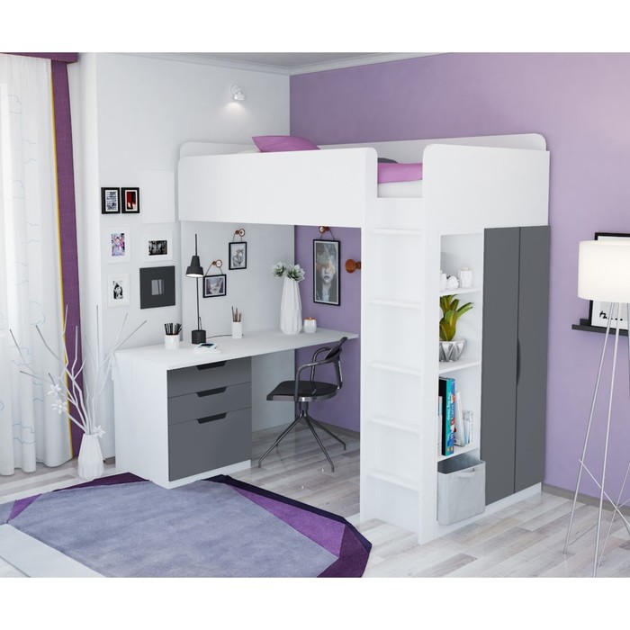 Кровать-чердак Polini kids Simple, с письменным столом и шкафом, цвет белый-серый - Фото 1