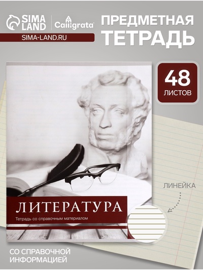 Предметная тетрадь по литературе Calligrata «Чёрное-белое», 48 листов, в линейку, со справочным материалом, бумажная обложка