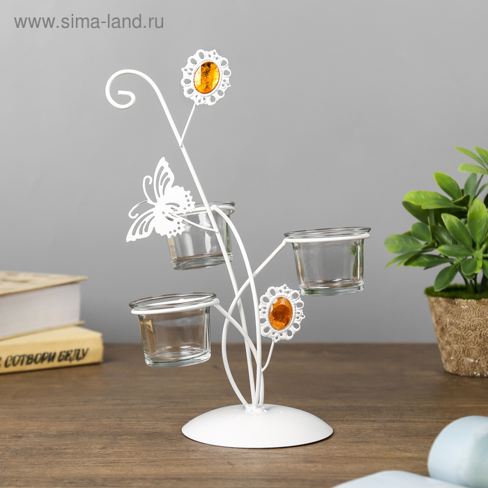 Подсвечник металл, стекло 3 свечи "Бабочка и цветок" белый 27,3х18х17 см - Фото 1