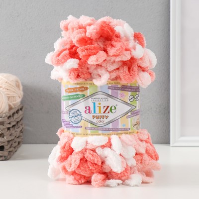 Плюшевая пряжа для вязания руками ALIZE, Puffy color, 100% микрополиэстер, 9 м/100 г, (5922 розово белый)